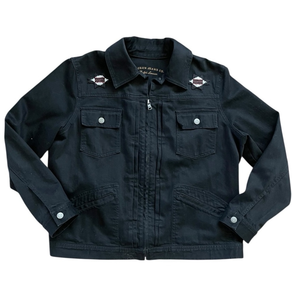 Lauren Jeans Co. Southwest Aztec Beaded Detail Black Jean Jacket 1X plus western - Picture 2 of 7